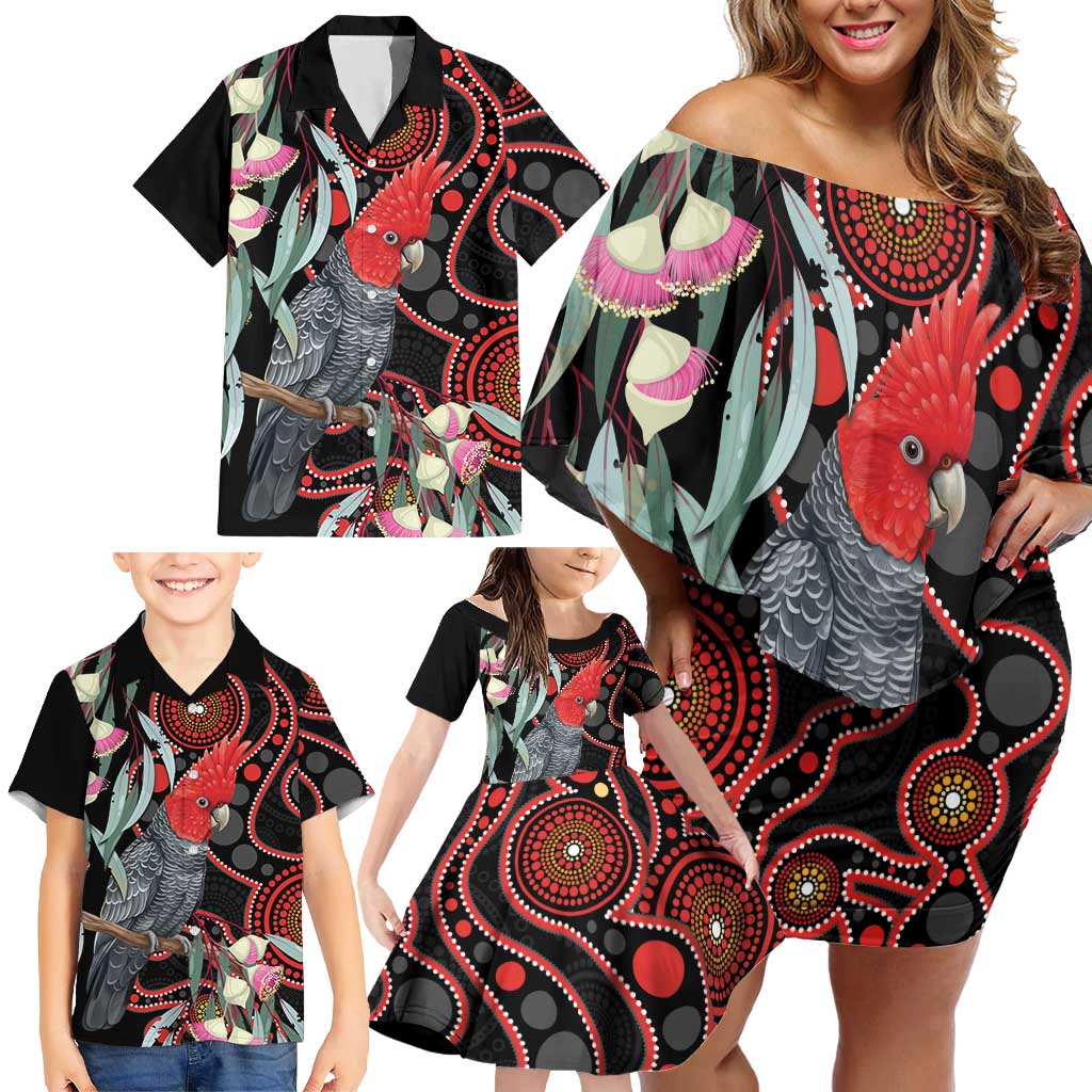 Gang-gang Cockatoo Australia Family Matching Off Shoulder Short Dress and Hawaiian Shirt Eucalyptus Blossoms Aboriginal Art - Aussie Hoodie