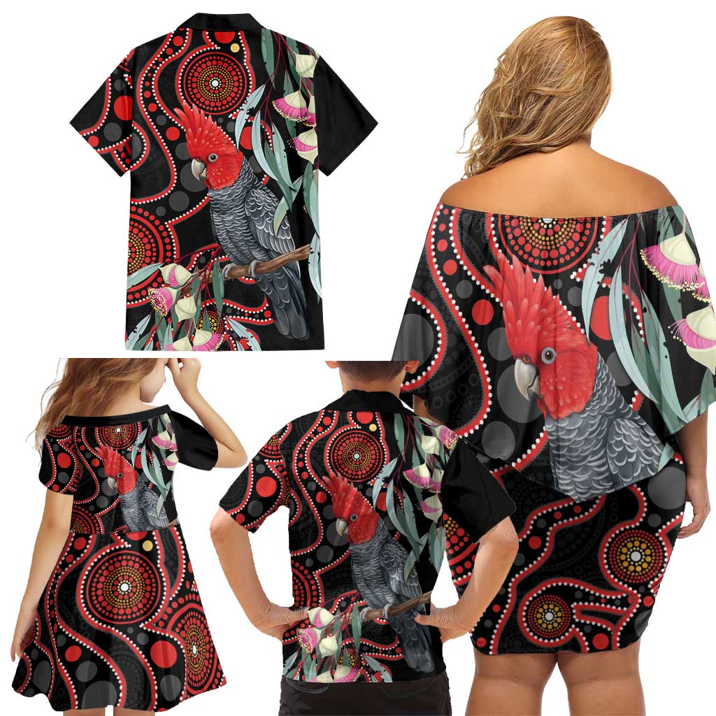 Gang-gang Cockatoo Australia Family Matching Off Shoulder Short Dress and Hawaiian Shirt Eucalyptus Blossoms Aboriginal Art - Aussie Hoodie