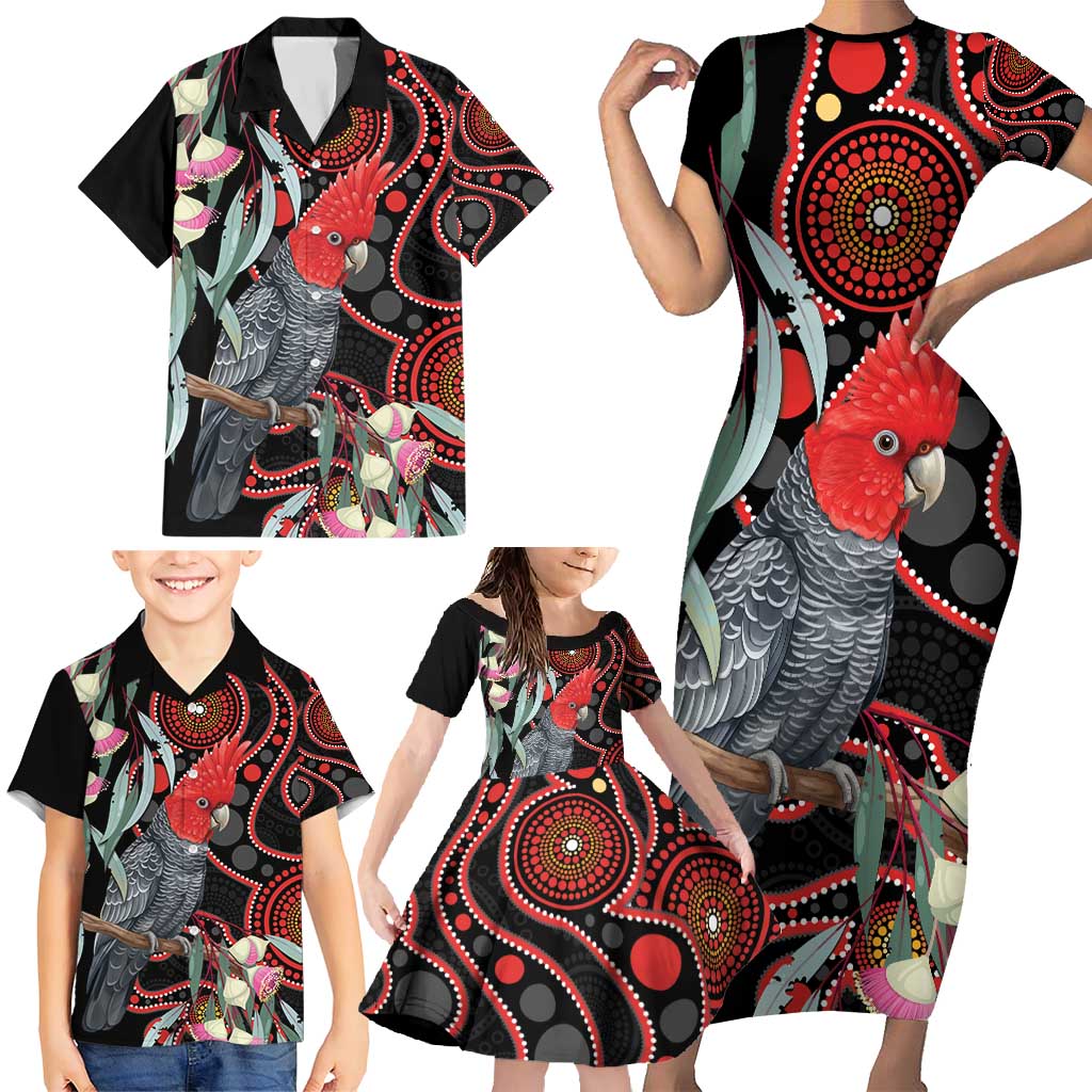 Gang-gang Cockatoo Australia Family Matching Short Sleeve Bodycon Dress and Hawaiian Shirt Eucalyptus Blossoms Aboriginal Art - Aussie Hoodie