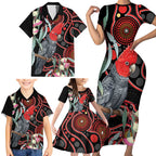 Gang-gang Cockatoo Australia Family Matching Short Sleeve Bodycon Dress and Hawaiian Shirt Eucalyptus Blossoms Aboriginal Art - Aussie Hoodie