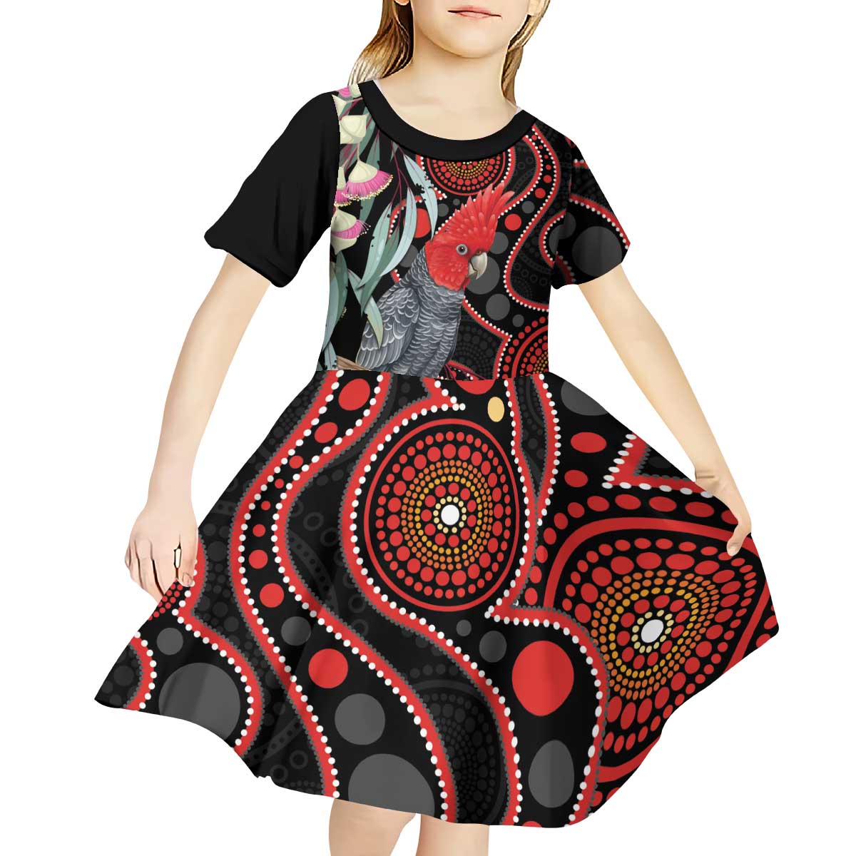 Gang-gang Cockatoo Australia Kid Short Sleeve Dress Eucalyptus Blossoms Aboriginal Art - Aussie Hoodie