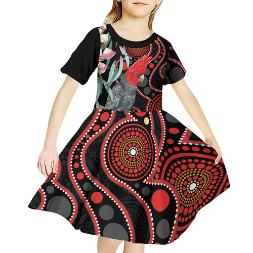 Gang-gang Cockatoo Australia Kid Short Sleeve Dress Eucalyptus Blossoms Aboriginal Art - Aussie Hoodie