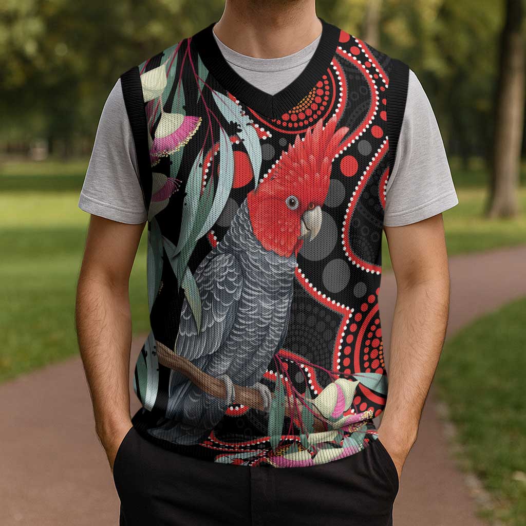 Gang-gang Cockatoo Australia Christmas Knitted V-Neck Vest Eucalyptus Blossoms Aboriginal Art - Aussie Hoodie