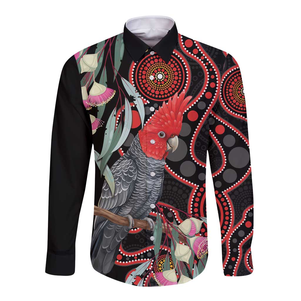 Gang-gang Cockatoo Australia Long Sleeve Button Shirt Eucalyptus Blossoms Aboriginal Art - Aussie Hoodie