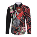Gang-gang Cockatoo Australia Long Sleeve Button Shirt Eucalyptus Blossoms Aboriginal Art - Aussie Hoodie