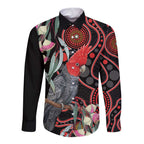 Gang-gang Cockatoo Australia Long Sleeve Button Shirt Eucalyptus Blossoms Aboriginal Art - Aussie Hoodie