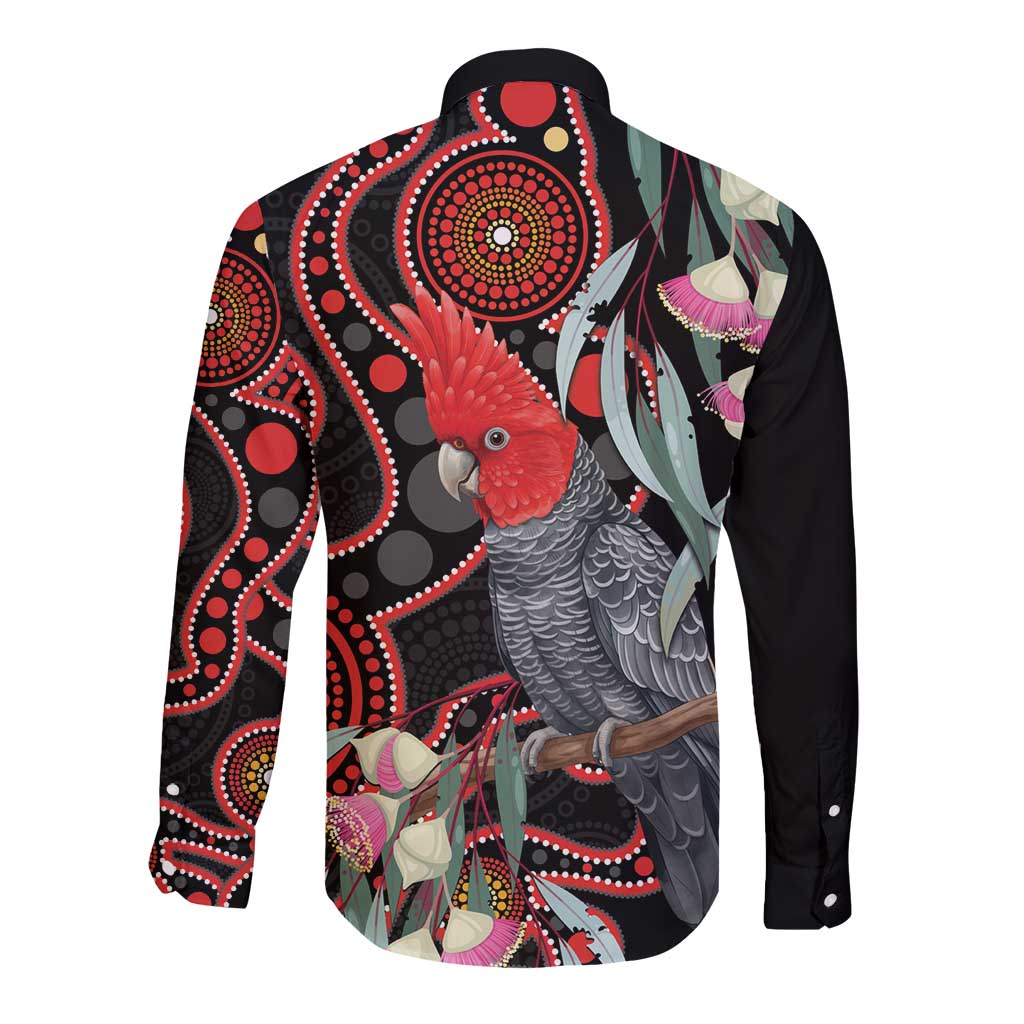 Gang-gang Cockatoo Australia Long Sleeve Button Shirt Eucalyptus Blossoms Aboriginal Art - Aussie Hoodie