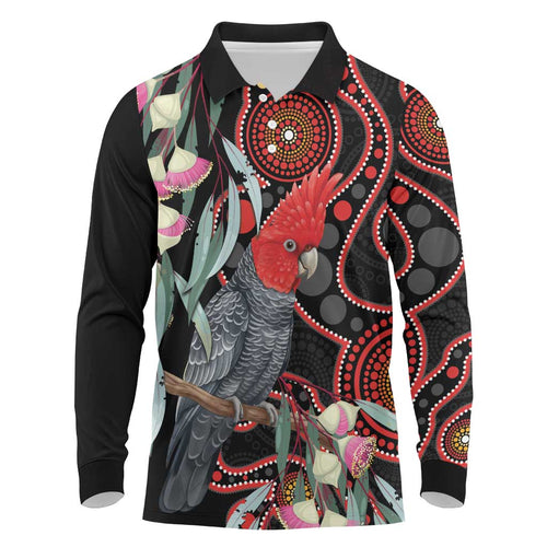 Gang-gang Cockatoo Australia Long Sleeve Polo Shirt Eucalyptus Blossoms Aboriginal Art - Aussie Hoodie