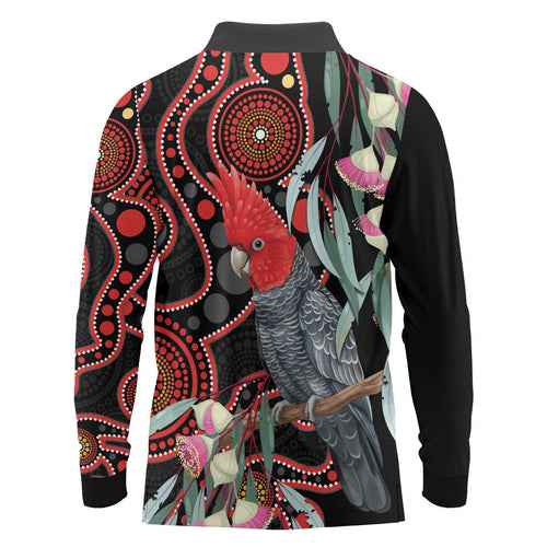 Gang-gang Cockatoo Australia Long Sleeve Polo Shirt Eucalyptus Blossoms Aboriginal Art - Aussie Hoodie