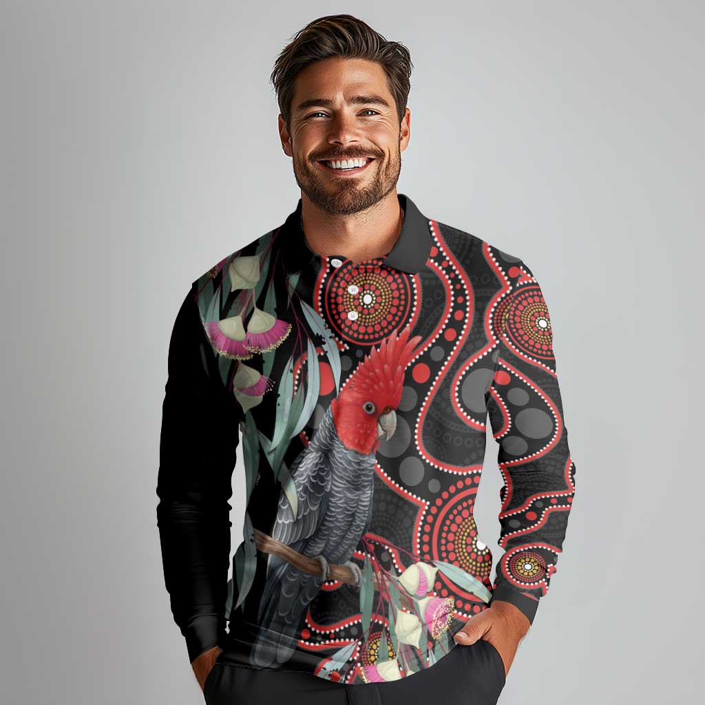 Gang-gang Cockatoo Australia Long Sleeve Polo Shirt Eucalyptus Blossoms Aboriginal Art - Aussie Hoodie