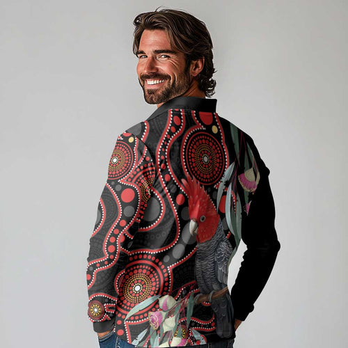 Gang-gang Cockatoo Australia Long Sleeve Polo Shirt Eucalyptus Blossoms Aboriginal Art - Aussie Hoodie