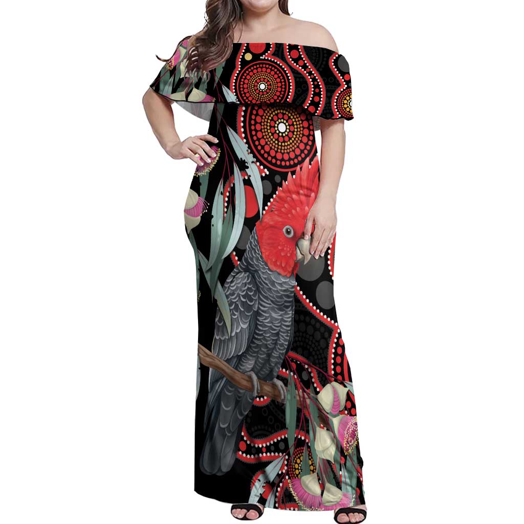 Gang-gang Cockatoo Australia Off Shoulder Maxi Dress Eucalyptus Blossoms Aboriginal Art - Aussie Hoodie