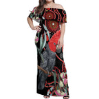 Gang-gang Cockatoo Australia Off Shoulder Maxi Dress Eucalyptus Blossoms Aboriginal Art - Aussie Hoodie