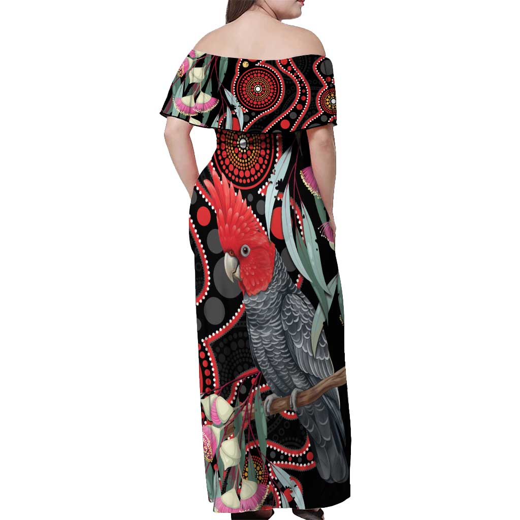 Gang-gang Cockatoo Australia Off Shoulder Maxi Dress Eucalyptus Blossoms Aboriginal Art - Aussie Hoodie