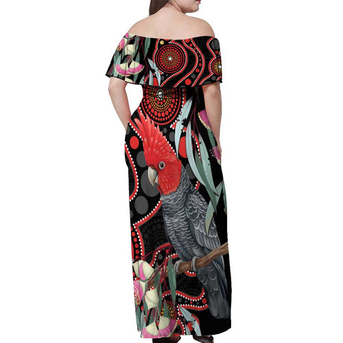 Gang-gang Cockatoo Australia Off Shoulder Maxi Dress Eucalyptus Blossoms Aboriginal Art - Aussie Hoodie