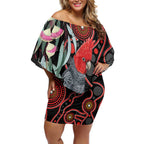 Gang-gang Cockatoo Australia Off Shoulder Short Dress Eucalyptus Blossoms Aboriginal Art - Aussie Hoodie