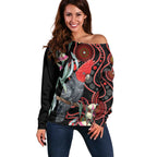 Gang-gang Cockatoo Australia Off Shoulder Sweater Eucalyptus Blossoms Aboriginal Art - Aussie Hoodie