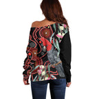 Gang-gang Cockatoo Australia Off Shoulder Sweater Eucalyptus Blossoms Aboriginal Art - Aussie Hoodie