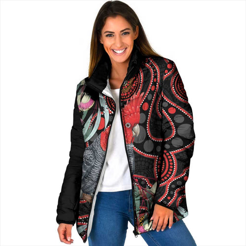 Gang-gang Cockatoo Australia Padded Jacket Eucalyptus Blossoms Aboriginal Art - Aussie Hoodie