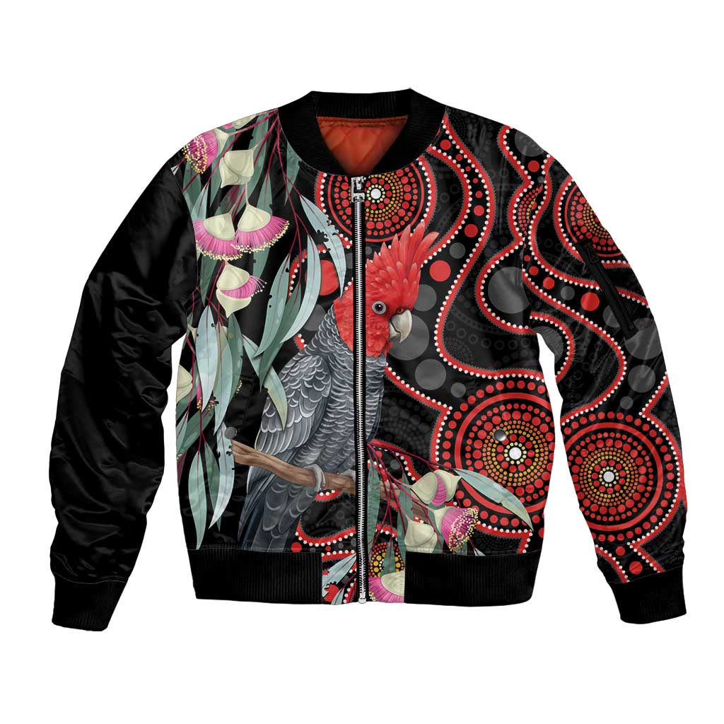Gang-gang Cockatoo Australia Sleeve Zip Bomber Jacket Eucalyptus Blossoms Aboriginal Art - Aussie Hoodie