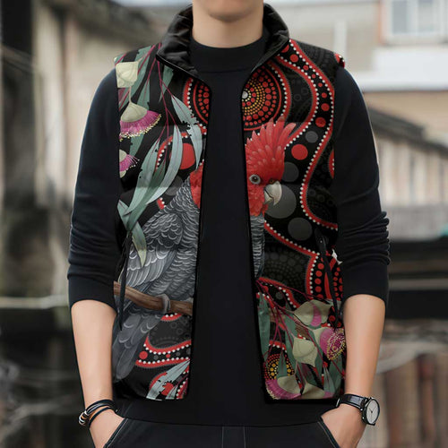 Gang-gang Cockatoo Australia Sleeveless Puffer Jacket Eucalyptus Blossoms Aboriginal Art - Aussie Hoodie