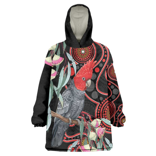 Gang-gang Cockatoo Australia Wearable Blanket Hoodie Eucalyptus Blossoms Aboriginal Art - Aussie Hoodie