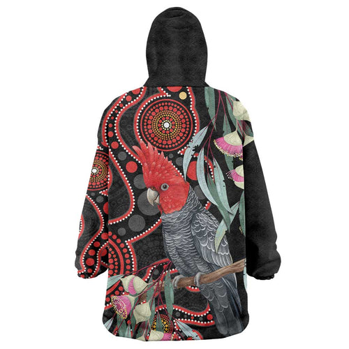 Gang-gang Cockatoo Australia Wearable Blanket Hoodie Eucalyptus Blossoms Aboriginal Art - Aussie Hoodie
