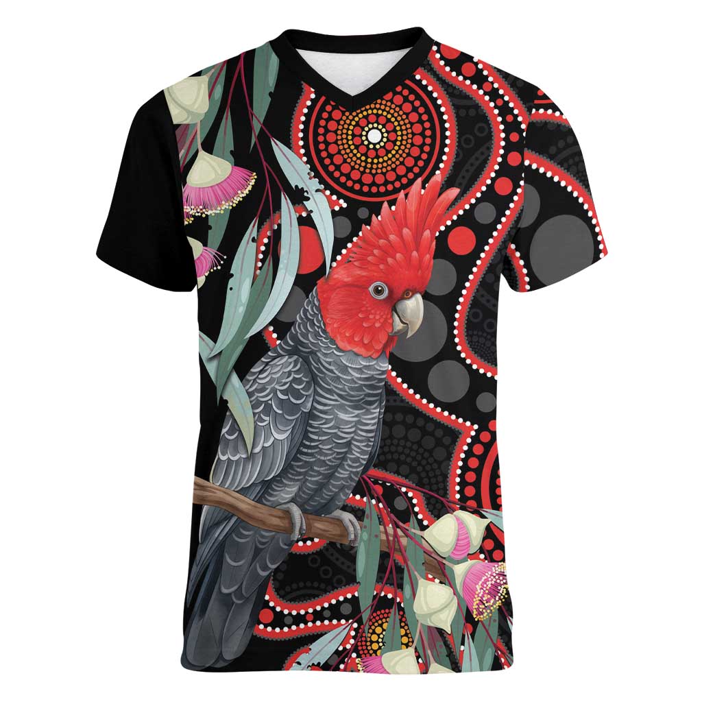Gang-gang Cockatoo Australia Women V-Neck T-Shirt Eucalyptus Blossoms Aboriginal Art - Aussie Hoodie
