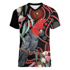 Gang-gang Cockatoo Australia Women V-Neck T-Shirt Eucalyptus Blossoms Aboriginal Art - Aussie Hoodie