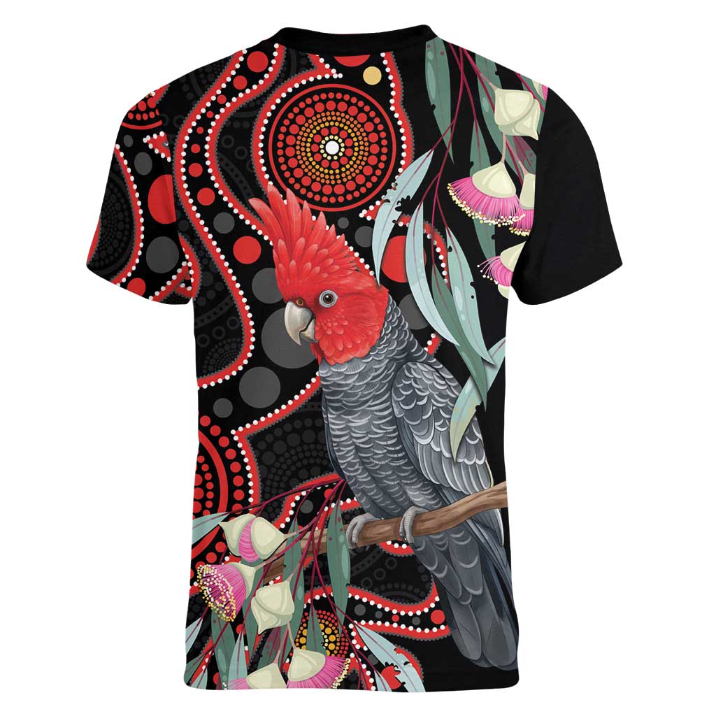 Gang-gang Cockatoo Australia Women V-Neck T-Shirt Eucalyptus Blossoms Aboriginal Art - Aussie Hoodie