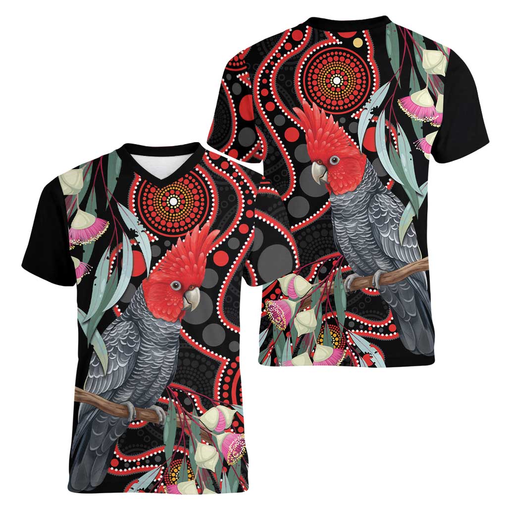 Gang-gang Cockatoo Australia Women V-Neck T-Shirt Eucalyptus Blossoms Aboriginal Art - Aussie Hoodie