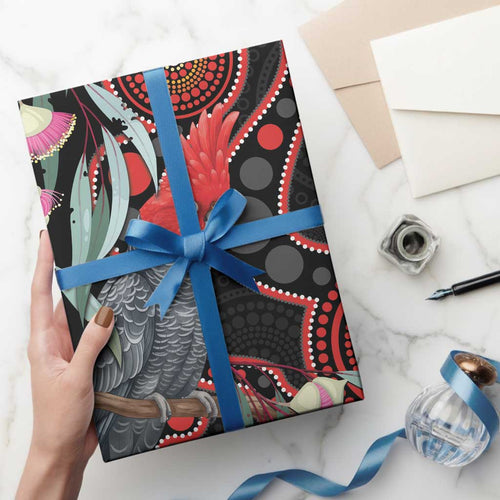 Gang-gang Cockatoo Australia Wrapping Paper Eucalyptus Blossoms Aboriginal Art - Aussie Hoodie