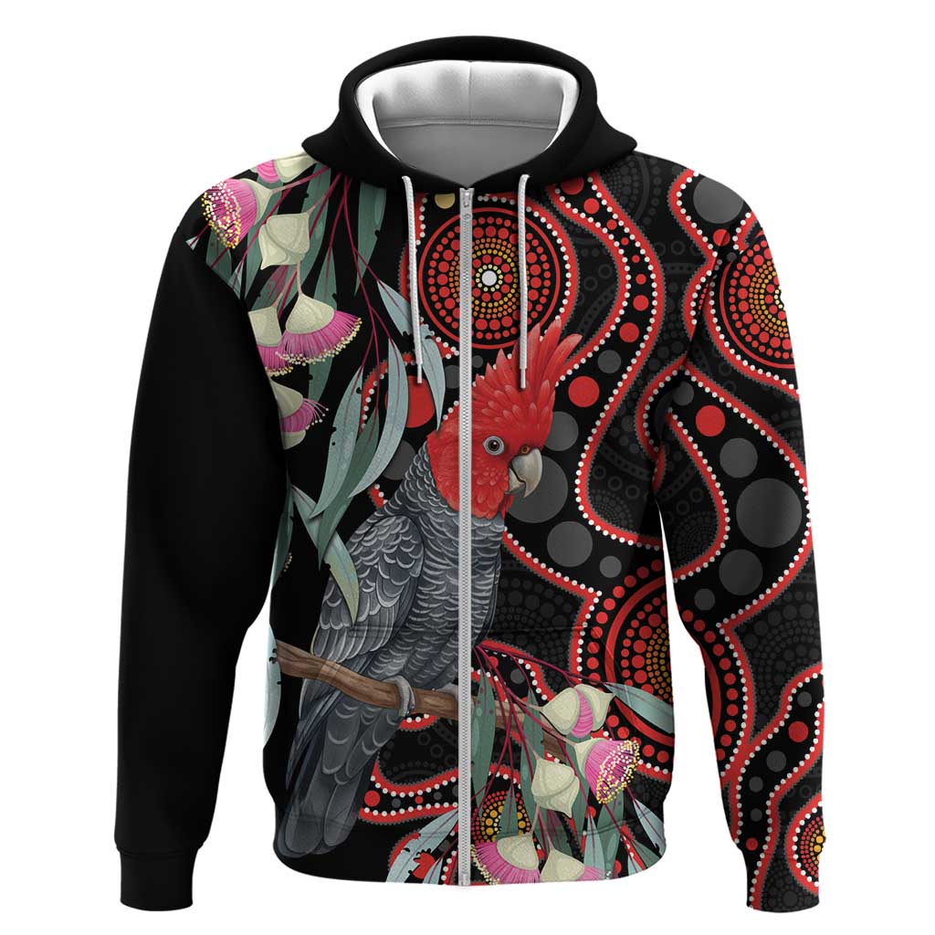 Gang-gang Cockatoo Australia Zip Hoodie Eucalyptus Blossoms Aboriginal Art - Aussie Hoodie