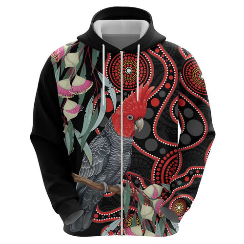 Gang-gang Cockatoo Australia Zip Hoodie Eucalyptus Blossoms Aboriginal Art - Aussie Hoodie