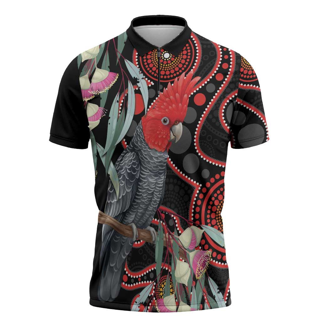 Gang-gang Cockatoo Australia Zipper Polo Shirt Eucalyptus Blossoms Aboriginal Art - Aussie Hoodie