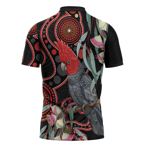 Gang-gang Cockatoo Australia Zipper Polo Shirt Eucalyptus Blossoms Aboriginal Art - Aussie Hoodie