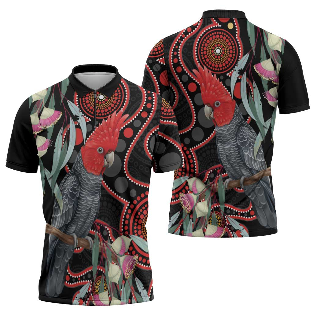 Gang-gang Cockatoo Australia Zipper Polo Shirt Eucalyptus Blossoms Aboriginal Art - Aussie Hoodie