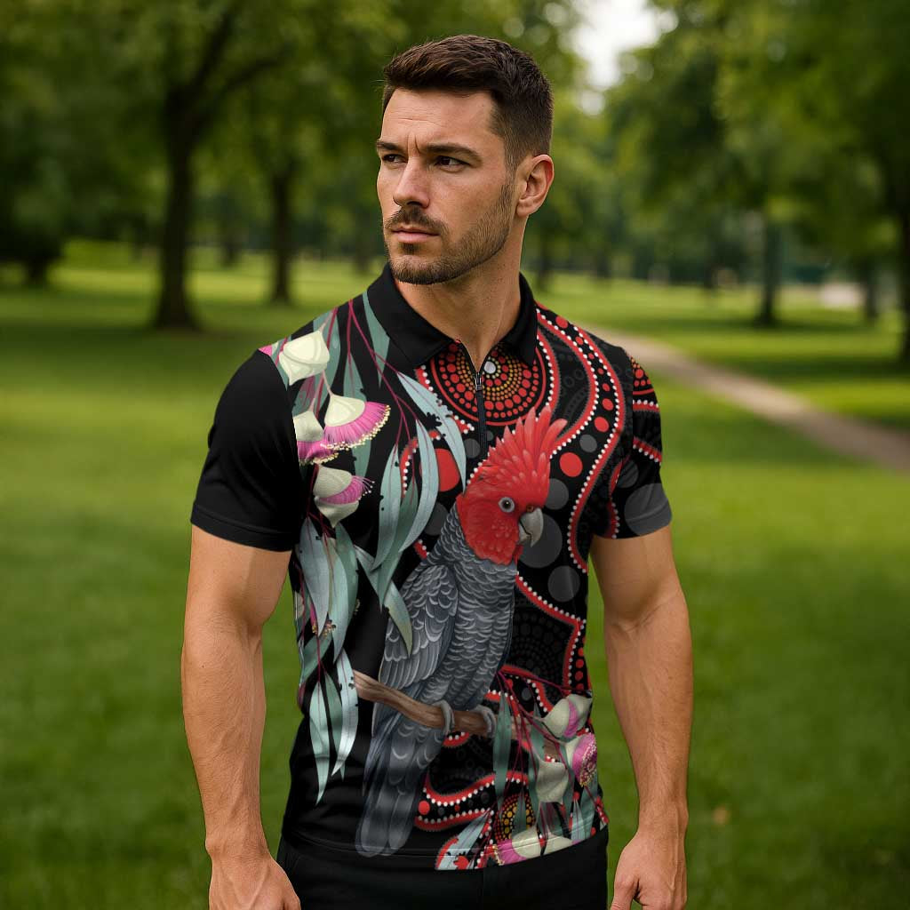 Gang-gang Cockatoo Australia Zipper Polo Shirt Eucalyptus Blossoms Aboriginal Art - Aussie Hoodie