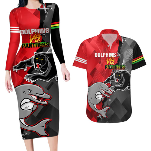 personalised-panthers-and-dolphins-couples-matching-long-sleeve-bodycon-dress-and-hawaiian-shirt-sporty-version