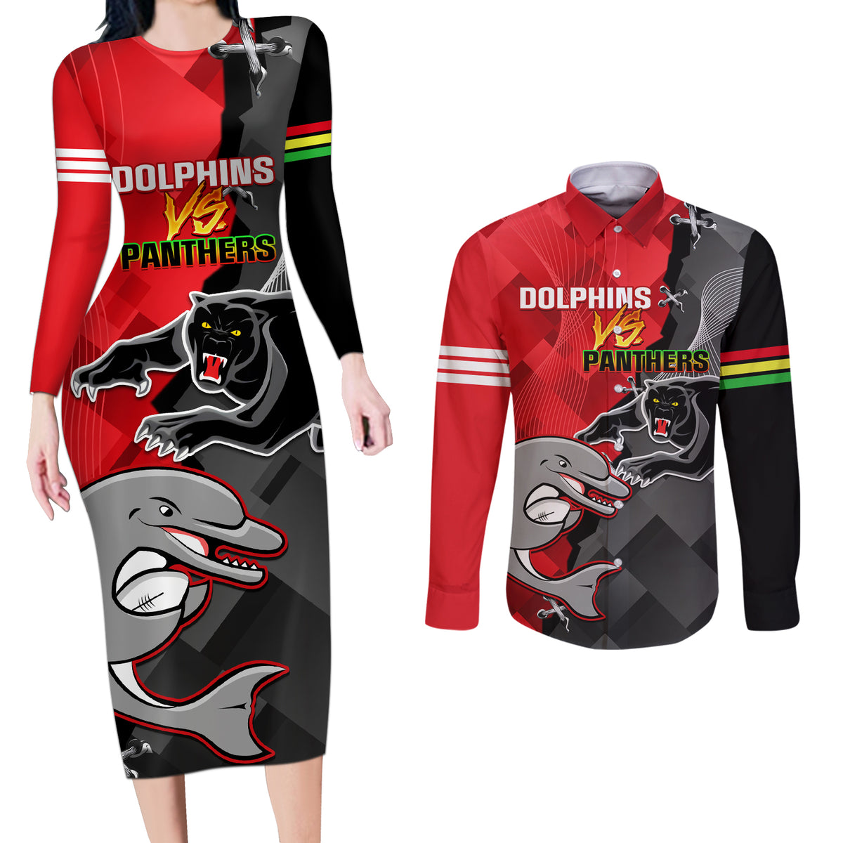 personalised-panthers-and-dolphins-couples-matching-long-sleeve-bodycon-dress-and-long-sleeve-button-shirt-sporty-version