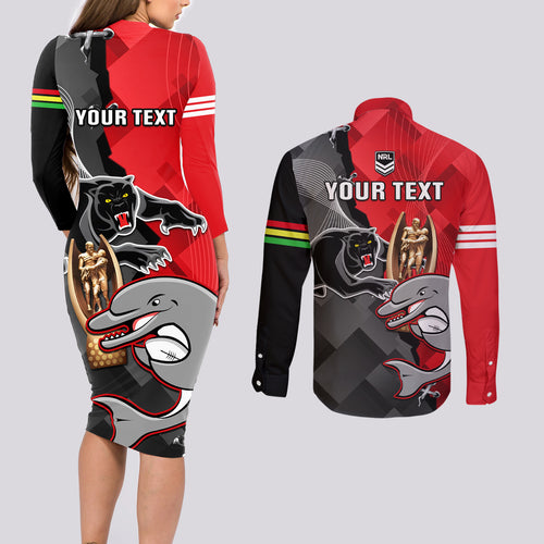 personalised-panthers-and-dolphins-couples-matching-long-sleeve-bodycon-dress-and-long-sleeve-button-shirt-sporty-version