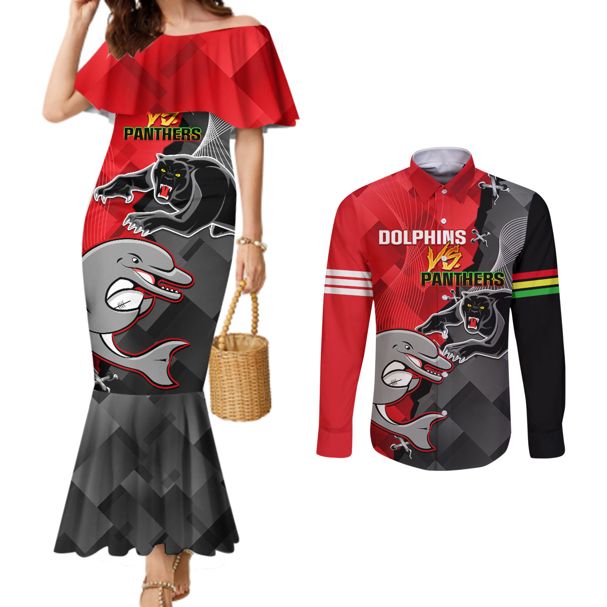 personalised-panthers-and-dolphins-couples-matching-mermaid-dress-and-long-sleeve-button-shirt-sporty-version
