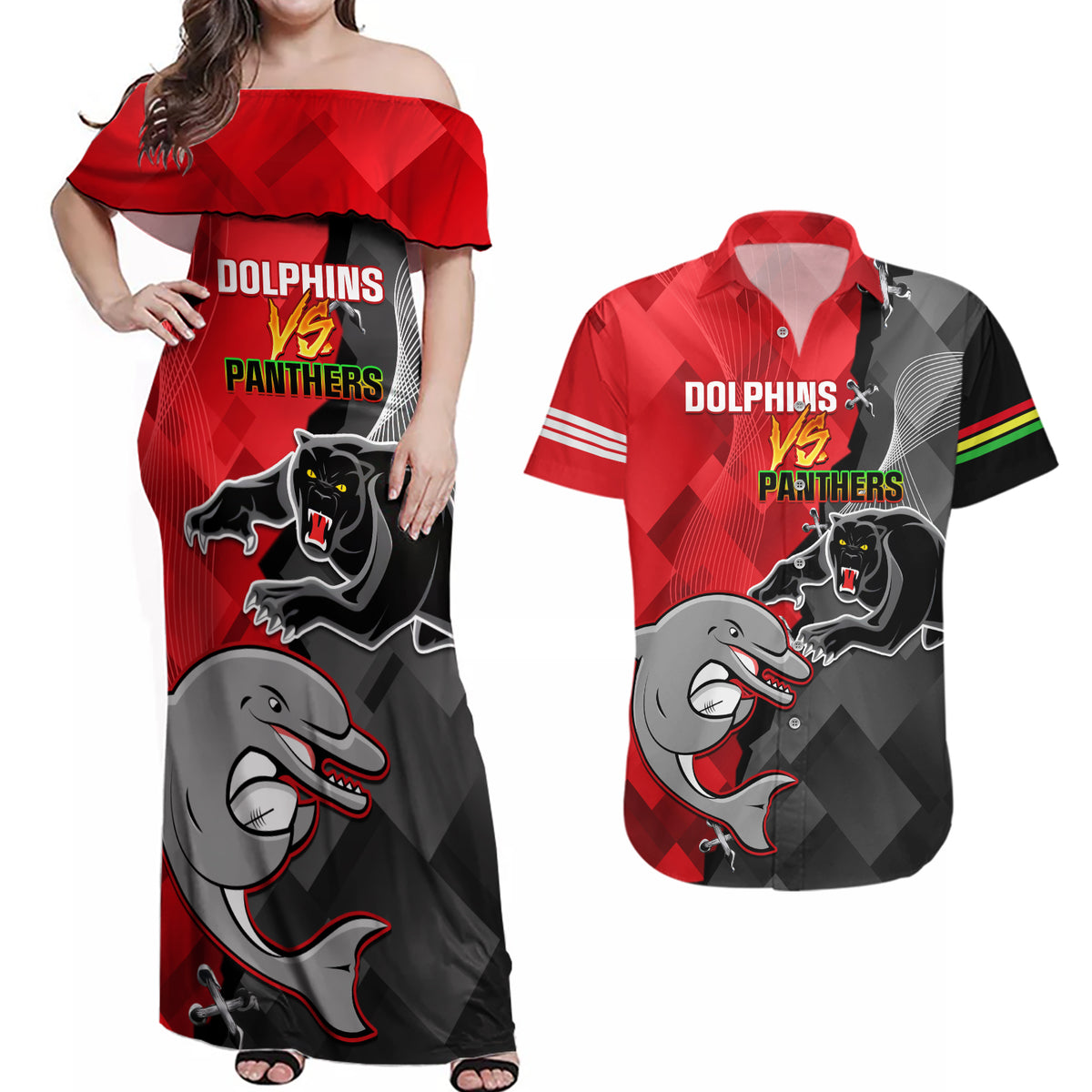 personalised-panthers-and-dolphins-couples-matching-off-shoulder-maxi-dress-and-hawaiian-shirt-sporty-version