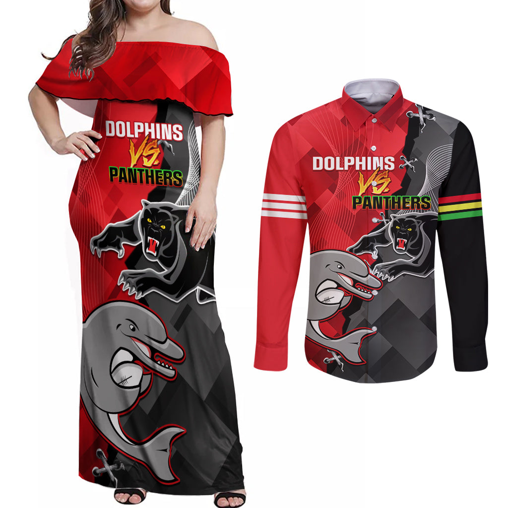 personalised-panthers-and-dolphins-couples-matching-off-shoulder-maxi-dress-and-long-sleeve-button-shirt-sporty-version