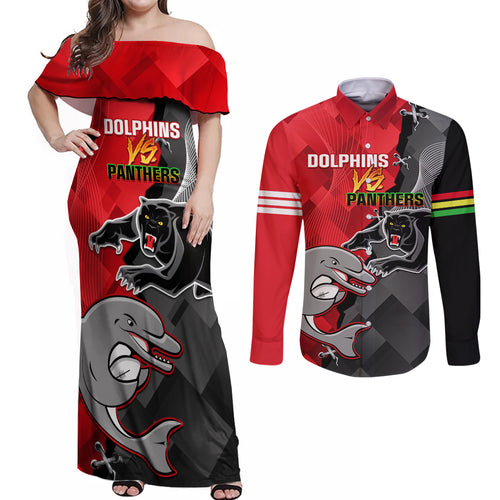personalised-panthers-and-dolphins-couples-matching-off-shoulder-maxi-dress-and-long-sleeve-button-shirt-sporty-version