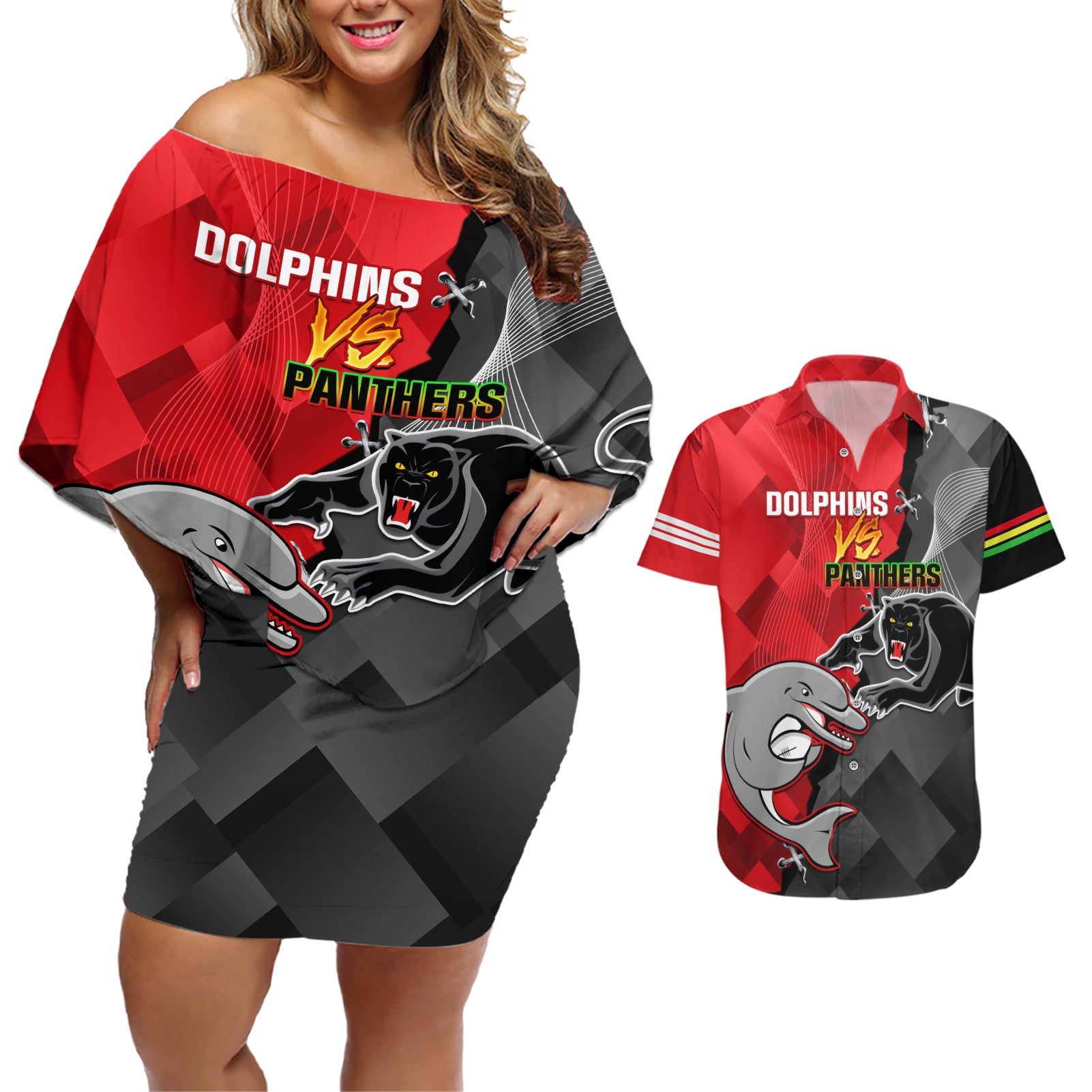 personalised-panthers-and-dolphins-couples-matching-off-shoulder-short-dress-and-hawaiian-shirt-sporty-version