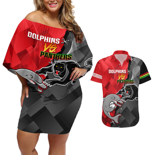 personalised-panthers-and-dolphins-couples-matching-off-shoulder-short-dress-and-hawaiian-shirt-sporty-version
