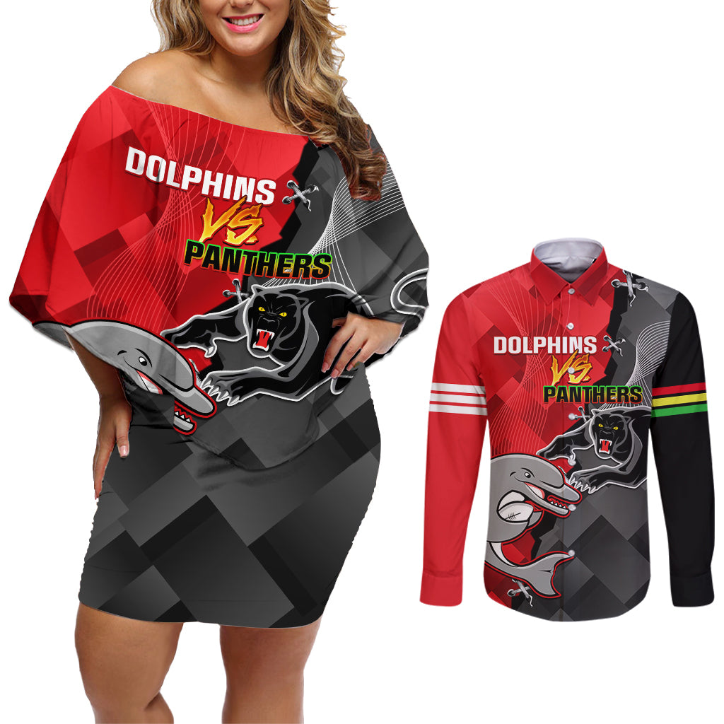 personalised-panthers-and-dolphins-couples-matching-off-shoulder-short-dress-and-long-sleeve-button-shirt-sporty-version