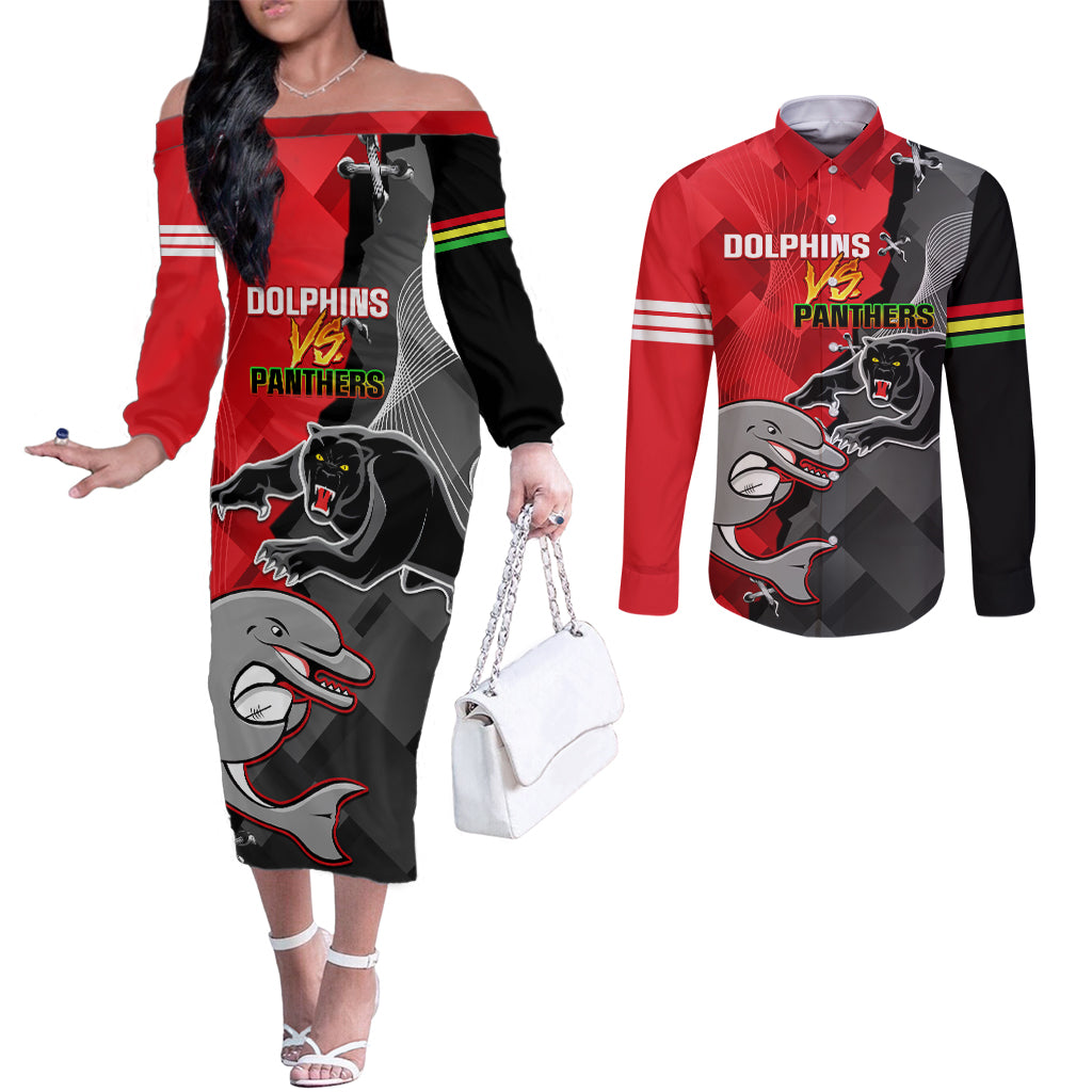 personalised-panthers-and-dolphins-couples-matching-off-the-shoulder-long-sleeve-dress-and-long-sleeve-button-shirt-sporty-version