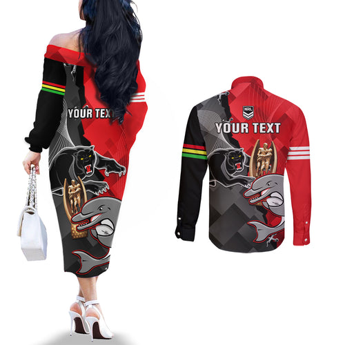 personalised-panthers-and-dolphins-couples-matching-off-the-shoulder-long-sleeve-dress-and-long-sleeve-button-shirt-sporty-version